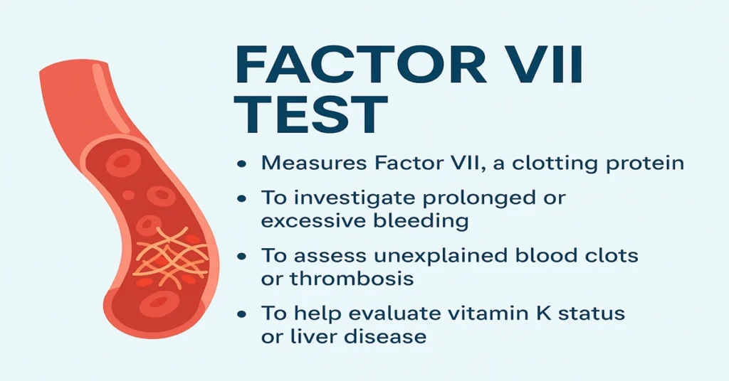 Factor VII test infographic showing clotting function with four points on diagnosing bleeding and clotting disorders.