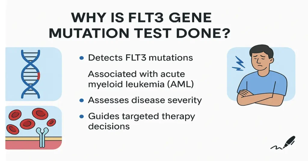Infographic explaining why the FLT3 Gene Mutation Test is done, showing AML severity, FLT3 mutation detection, treatment guidance, and prognosis assessment.