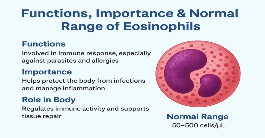 Infographic showing functions, importance, and normal range of eosinophils with a realistic eosinophil cell illustration and key points about immune response, inflammation control, and the 50–500 cells/µL normal range.