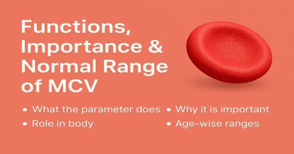 Infographic titled “Functions, Importance & Normal Range of MCV” with bullet points explaining what MCV does, why it is important, its role in the body, and age-wise ranges, along with a realistic red blood cell illustration.