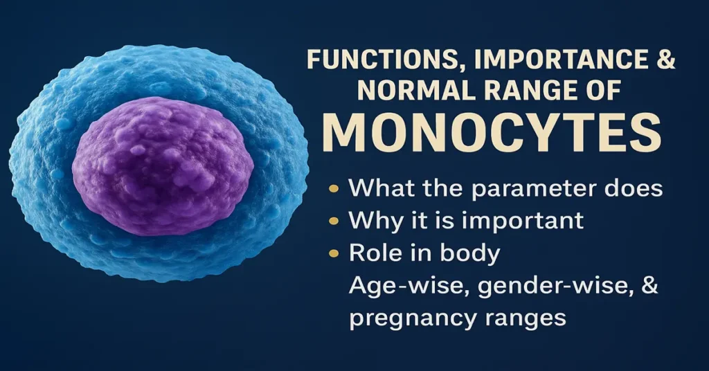 Infographic showing functions, importance, and normal range of monocytes with realistic monocyte cell graphic.