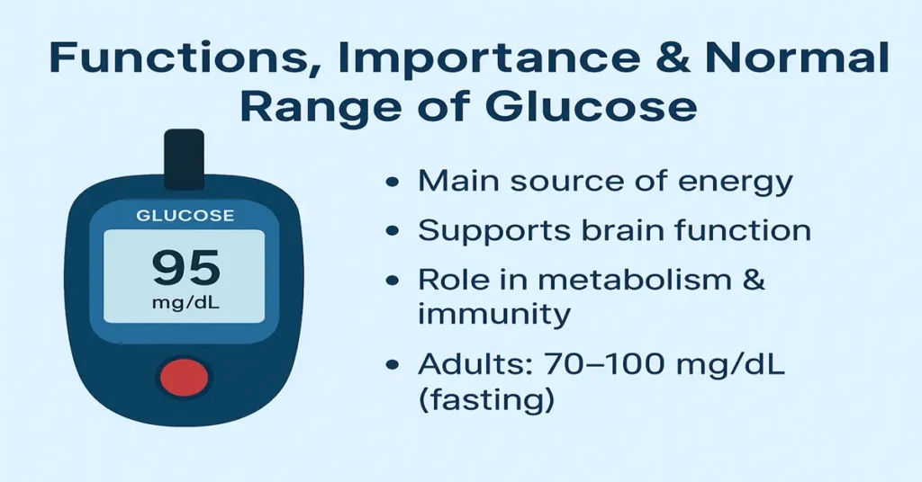 Infographic showing the functions, importance, and normal fasting glucose range with a glucose meter displaying 95 mg/dL, including energy role and brain function.