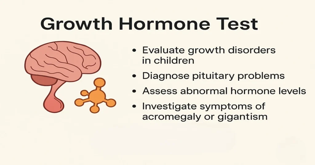 Infographic explaining why the Growth Hormone (GH) Test is done, showing pituitary gland and hormone icons with key points about growth disorders and metabolism regulation.
