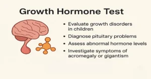 Infographic explaining why the Growth Hormone (GH) Test is done, showing pituitary gland and hormone icons with key points about growth disorders and metabolism regulation.