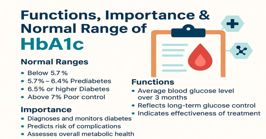 Infographic explaining the functions, importance, and normal ranges of HbA1c, including diabetes thresholds and metabolic health markers, with medical icons and a clean layout.