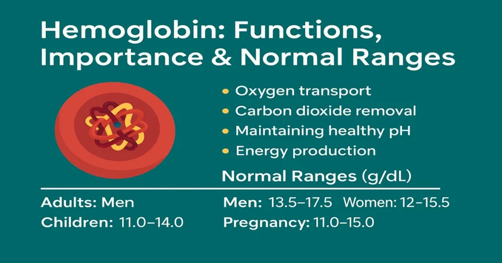 Infographic explaining hemoglobin functions, including oxygen transport and pH balance, with a red blood cell illustration and normal hemoglobin ranges for men, women, children, and pregnancy.