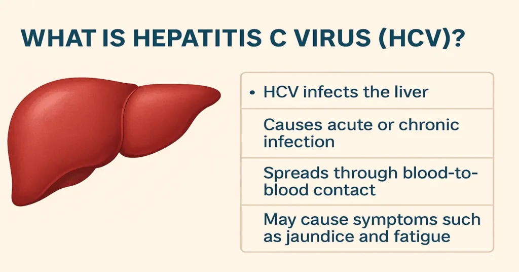 Hepatitis C Virus HCV infographic with liver icon and four key points about infection, transmission, symptoms, and liver impact.
