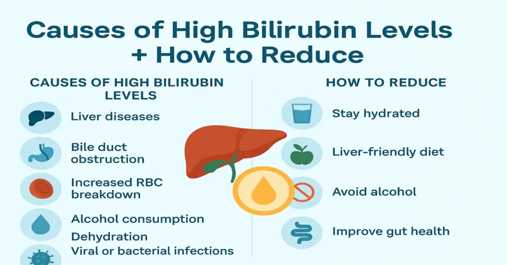 Infographic showing the causes of high bilirubin levels such as liver diseases, bile duct obstruction, RBC breakdown, dehydration, alcohol use, and how to reduce bilirubin naturally through hydration, liver-friendly diet, avoiding alcohol, and improving gut health.