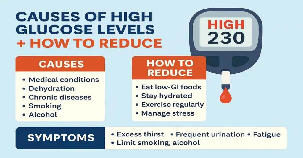 Infographic showing causes of high glucose levels and natural ways to reduce them, including dehydration, chronic diseases, smoking, and diet tips, with a glucose meter reading 230.