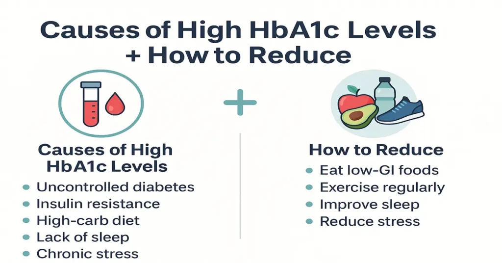 Infographic showing causes of high HbA1c levels such as uncontrolled diabetes, insulin resistance, high-carb diet, lack of sleep, stress, and natural ways to reduce HbA1c including low-GI foods, exercise, better sleep, and stress reduction.