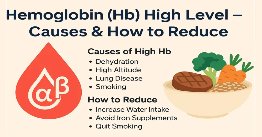 Infographic explaining high hemoglobin levels with a blood drop symbol, causes like dehydration and lung disease, and natural methods to reduce Hb, including hydration and avoiding supplements.
