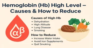 Infographic explaining high hemoglobin levels with a blood drop symbol, causes like dehydration and lung disease, and natural methods to reduce Hb, including hydration and avoiding supplements.