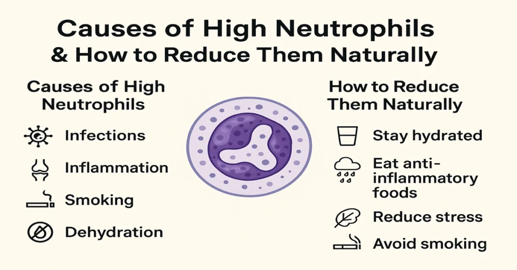 Infographic explaining causes of high neutrophils, including infections, inflammation, smoking and dehydration, with natural ways to reduce neutrophils.