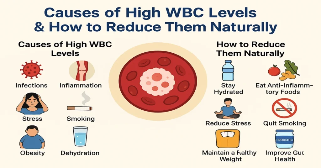 Infographic showing causes of high WBC levels such as infections, inflammation, stress, smoking, obesity, dehydration, and natural ways to reduce them.