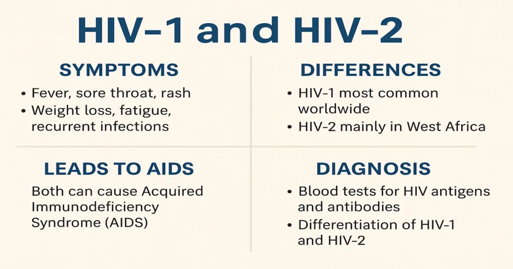 HIV-1 and HIV-2 infographic explaining symptoms, differences, AIDS progression, and diagnosis in a clear 4-point medical layout.