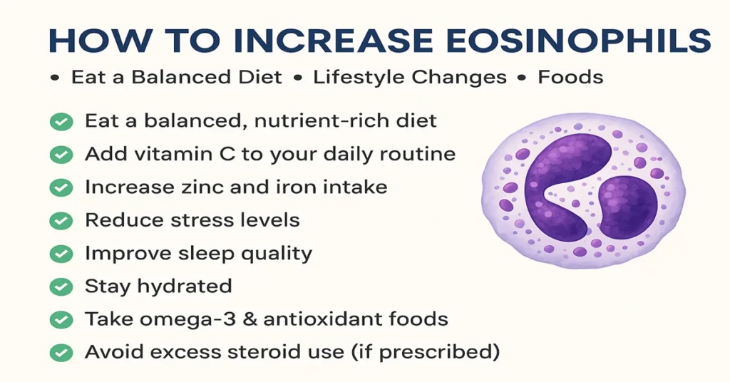 Infographic showing how to increase eosinophils naturally with a realistic eosinophil cell illustration and key points such as nutrient-rich diet, vitamin C, zinc and iron intake, stress reduction, sleep improvement, hydration, and omega-3 foods.