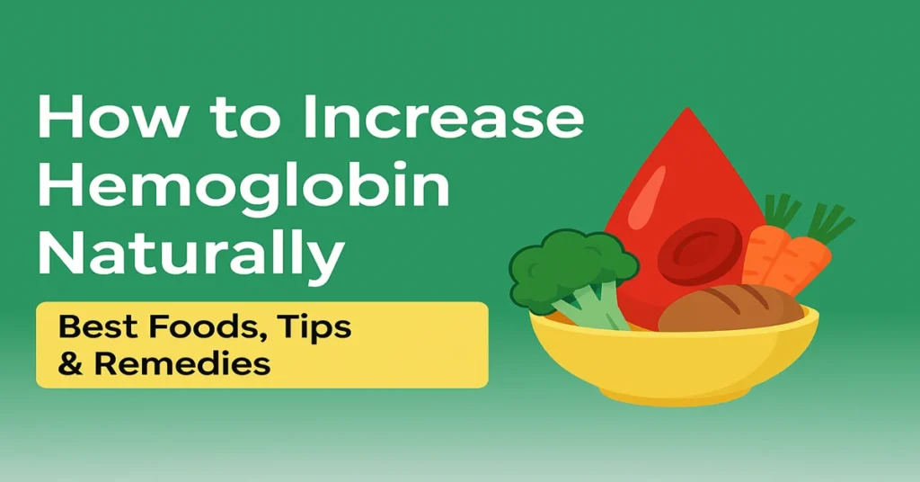 Infographic showing how to increase hemoglobin naturally with a blood drop illustration and a bowl of iron-rich foods like broccoli, carrots, and whole grains.