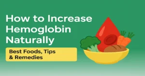Infographic showing how to increase hemoglobin naturally with a blood drop illustration and a bowl of iron-rich foods like broccoli, carrots, and whole grains.