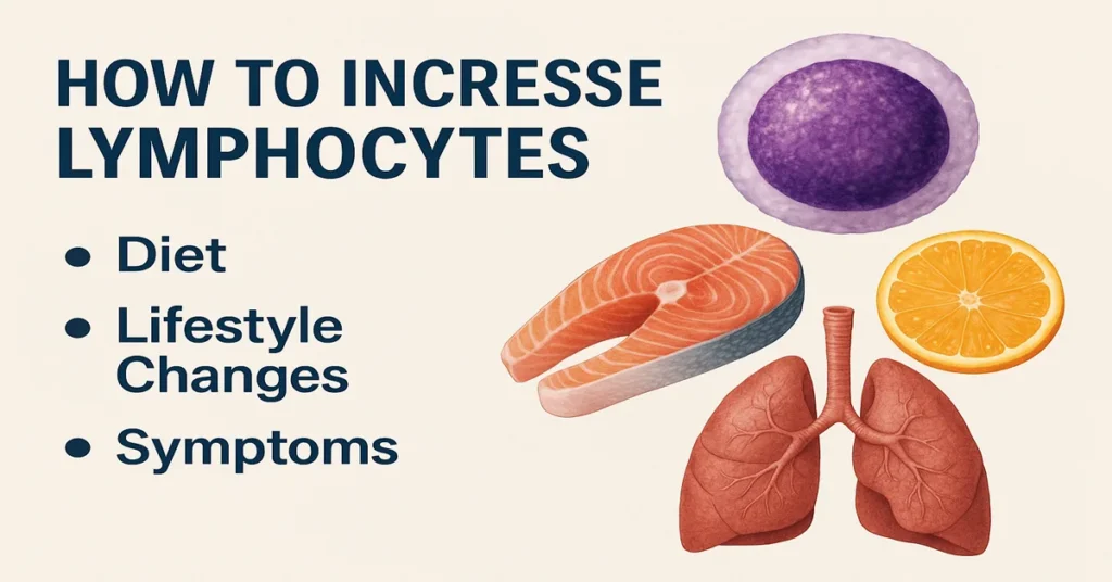 Infographic showing how to increase lymphocytes naturally with diet, lifestyle changes, and key symptoms, featuring realistic lymphocyte cell, healthy foods, and health icons.