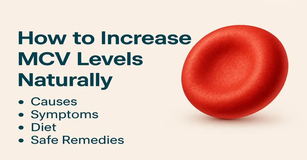 Infographic titled “How to Increase MCV Levels Naturally” showing key points such as causes, symptoms, diet, and safe remedies, with a realistic red blood cell illustration.