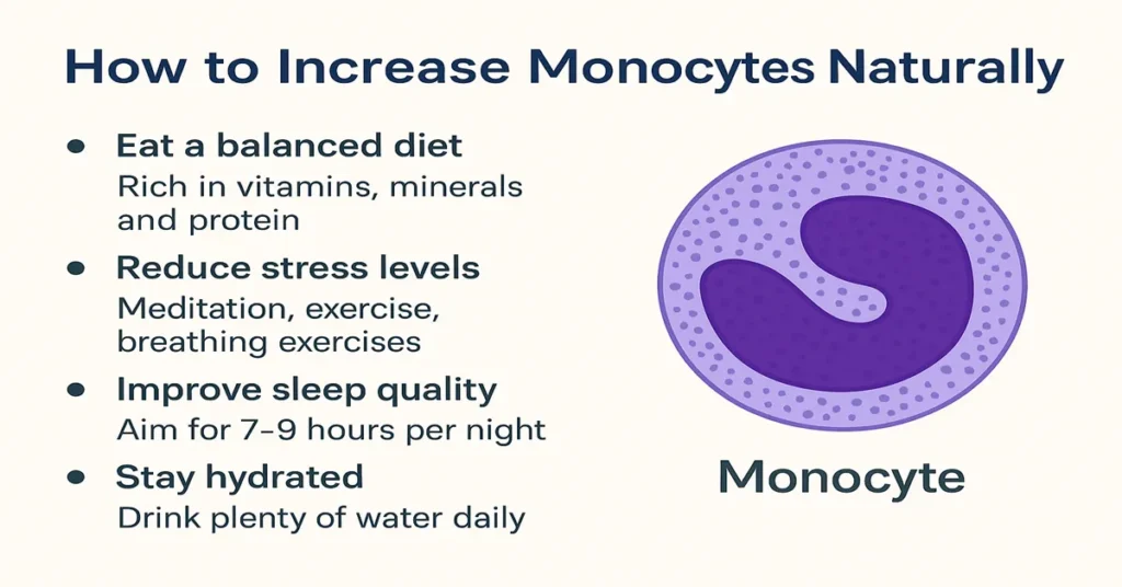 Infographic showing how to increase monocytes naturally with a realistic monocyte illustration and key points such as balanced diet, stress reduction, improved sleep quality, and hydration.