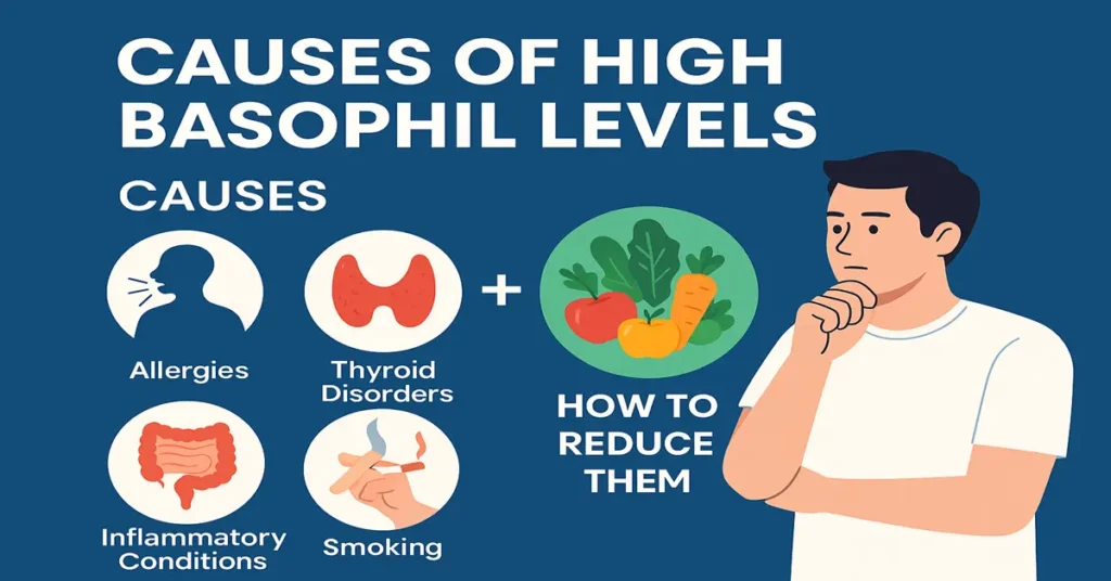 Infographic showing causes of high basophil levels and natural ways to reduce basophils with allergy, thyroid, inflammation, and smoking icons.