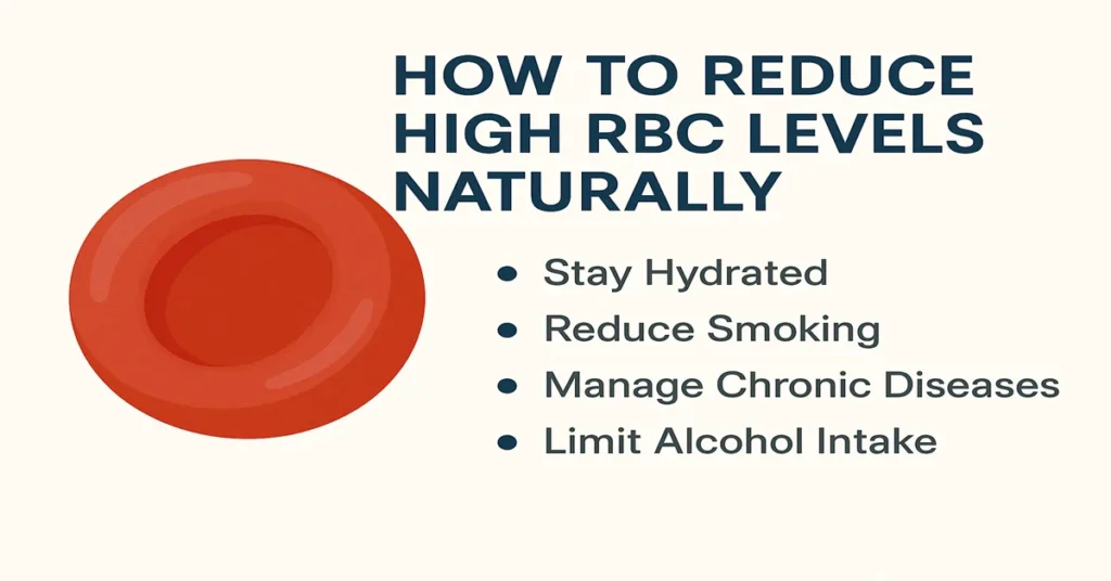 Infographic showing how to reduce high RBC levels naturally with tips such as staying hydrated, reducing smoking, managing chronic diseases, and limiting alcohol intake, along with a realistic red blood cell illustration.