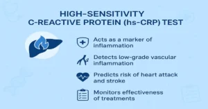 Infographic for the hs-CRP test showing four key points about inflammation detection, vascular inflammation, heart attack risk prediction, and treatment monitoring.