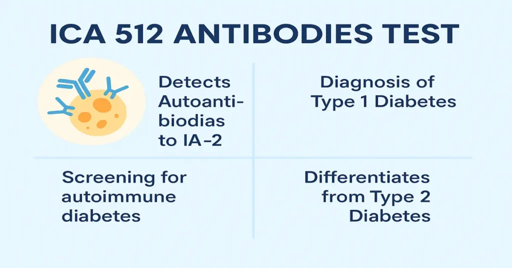 Infographic showing the ICA 512 Antibodies Test with four points highlighting IA-2 autoantibody detection, Type 1 Diabetes diagnosis, autoimmune diabetes screening, and differentiation from Type 2 Diabetes.