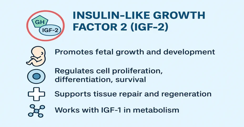 Infographic of IGF-2 showing its key functions: promoting fetal growth, regulating cell proliferation and survival, supporting tissue repair, and working with IGF-1 in metabolism.