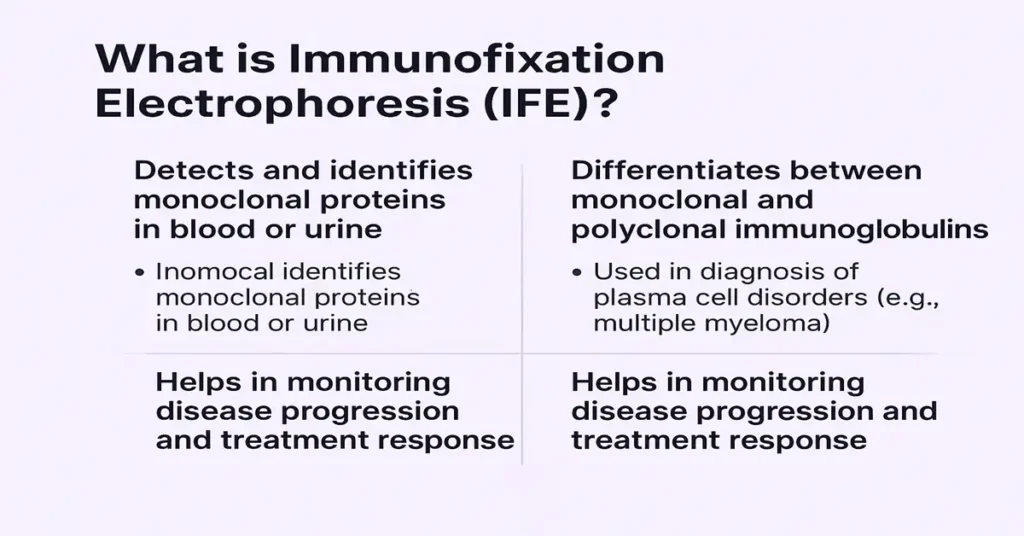 Medical infographic explaining the Immunofixation Electrophoresis (IFE) test with four key points on detecting M-proteins, differentiating immunoglobulins, and monitoring disease.