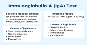 Medical infographic explaining the Immunoglobulin A (IgA) test with four key points covering functions, reference ranges, low levels, and high IgA causes.