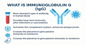 Medical infographic explaining the Immunoglobulin G (IgG) test with four key points on long-term immunity, complement activation, passive immunity, and antibody function.