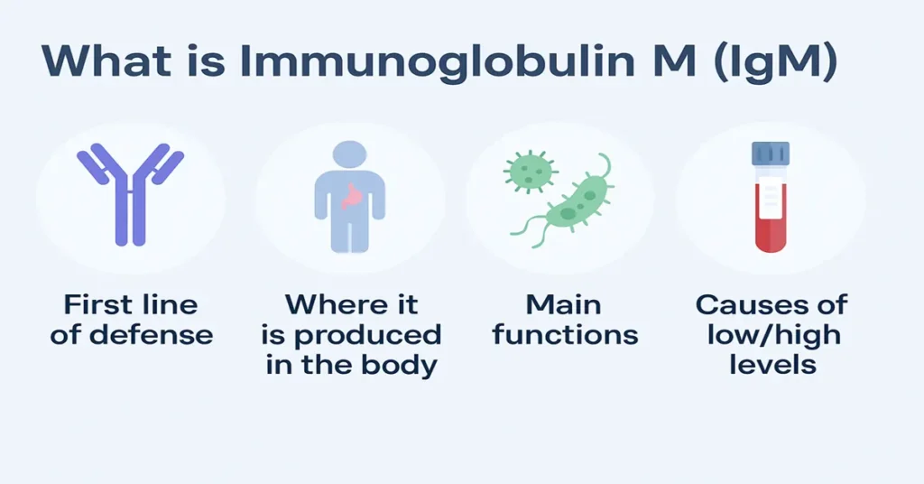 Medical infographic explaining the Immunoglobulin M (IgM) test with four centered points covering early immune response, complement activation, pentamer structure, and diagnosis.