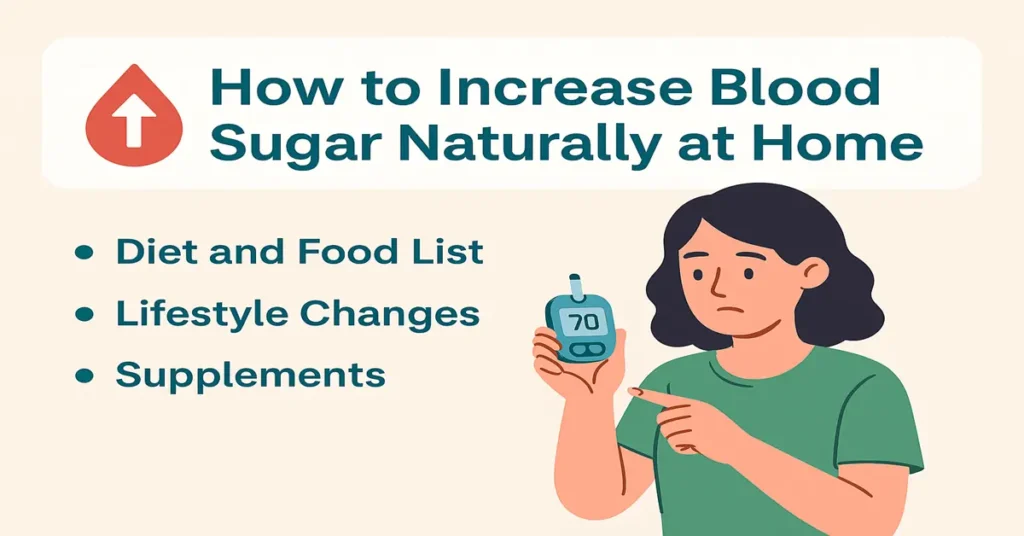 Infographic showing how to increase blood sugar naturally at home with diet tips, lifestyle changes, and supplements, featuring a glucose meter showing low sugar.