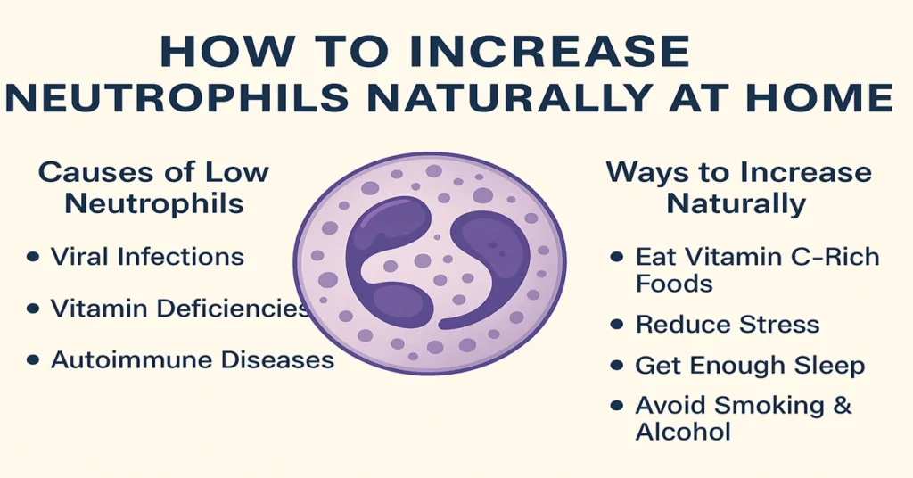 Infographic showing causes of low neutrophils and natural ways to increase neutrophil levels, with a clean central neutrophil illustration and simple bullet points.