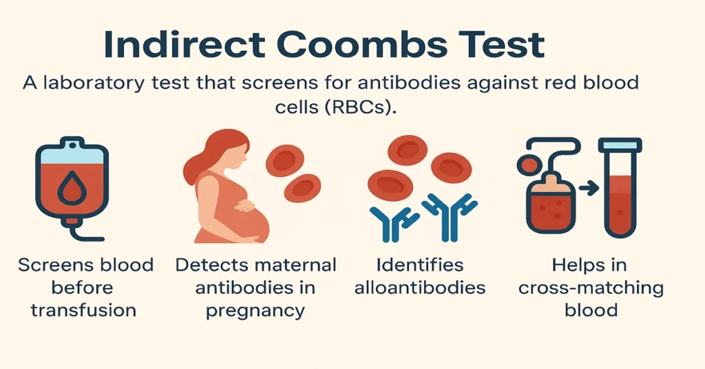 Infographic showing four main points of the Indirect Coombs Test – screening blood before transfusion, detecting maternal antibodies, identifying alloantibodies, and helping in cross-matching blood.