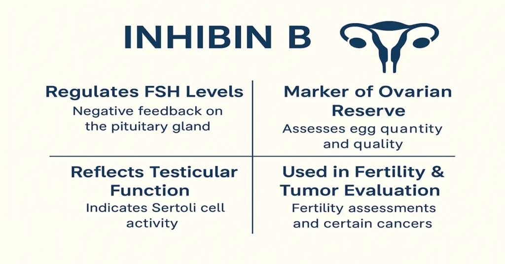Infographic of Inhibin B hormone showing its role in regulating FSH, assessing ovarian reserve, reflecting testicular function, and use in fertility and tumor evaluation.