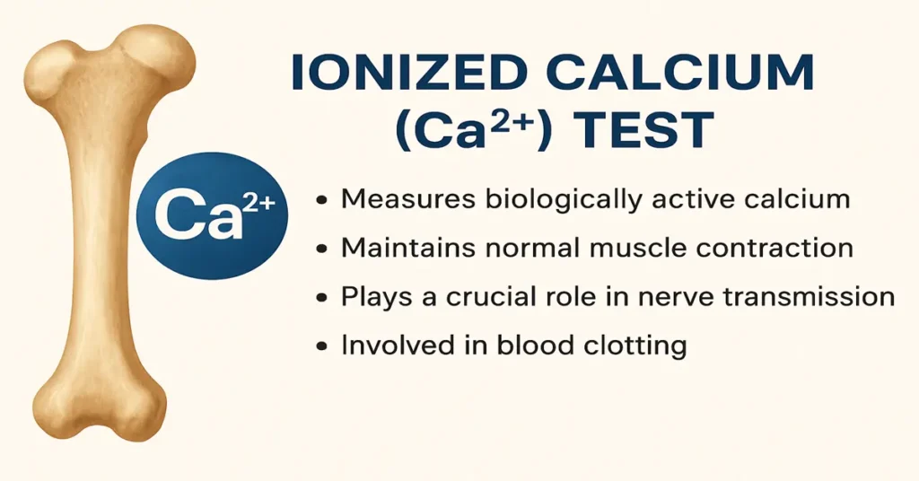 Ionized Calcium (Ca²⁺) Test infographic showing a bone and Ca²⁺ icon with points about active calcium, muscle contraction, nerve transmission, and blood clotting.