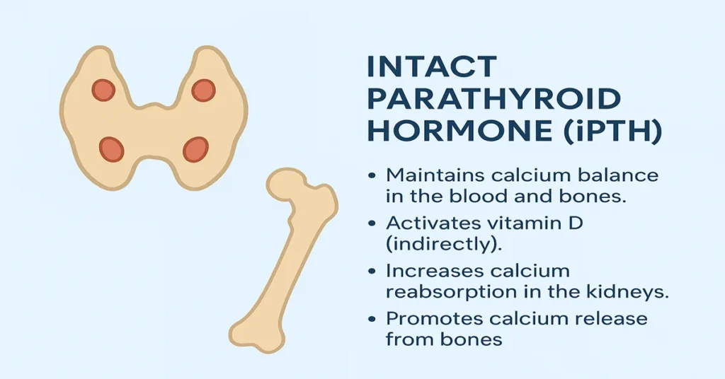 Medical infographic showing Intact Parathyroid Hormone (iPTH) with four points: calcium balance regulation, vitamin D activation, kidney calcium reabsorption, and calcium release from bones.