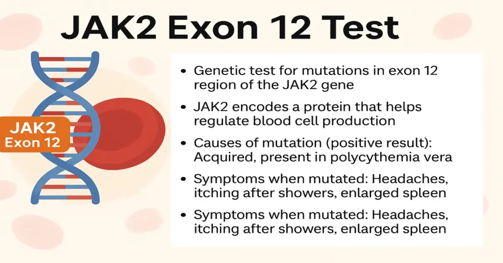 Infographic showing the JAK2 Exon 12 Test with four points explaining Exon 12 mutation detection, Polycythemia Vera diagnosis, rare MPN mutation identification, and uncontrolled red blood cell production, with a DNA and blood cell illustration.