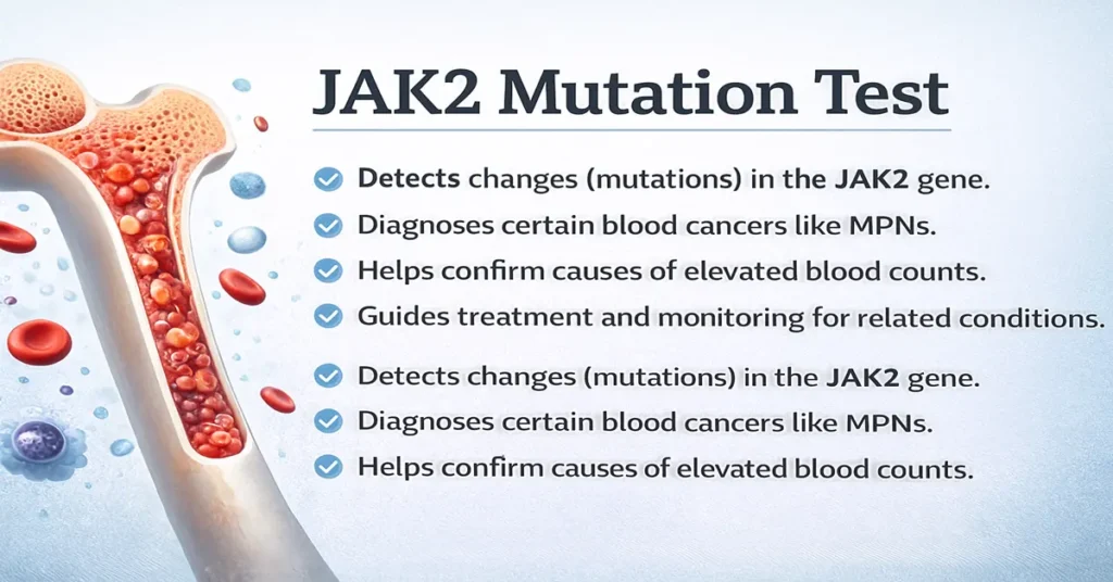 Infographic showing the JAK2 Mutation Test with four key points about detecting JAK2 gene mutations, identifying myeloproliferative neoplasms, the JAK2 V617F mutation, and the cause of high blood counts, alongside a bone marrow and blood cell illustration.