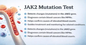 Infographic showing the JAK2 Mutation Test with four key points about detecting JAK2 gene mutations, identifying myeloproliferative neoplasms, the JAK2 V617F mutation, and the cause of high blood counts, alongside a bone marrow and blood cell illustration.