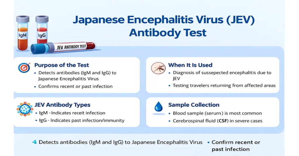 Infographic showing the Japanese Encephalitis Virus (JEV) Antibody Test with four points about detecting IgM and IgG antibodies, confirming recent or past infection, when testing is needed, and blood or CSF sample collection, with medical icons and mosquito imagery.