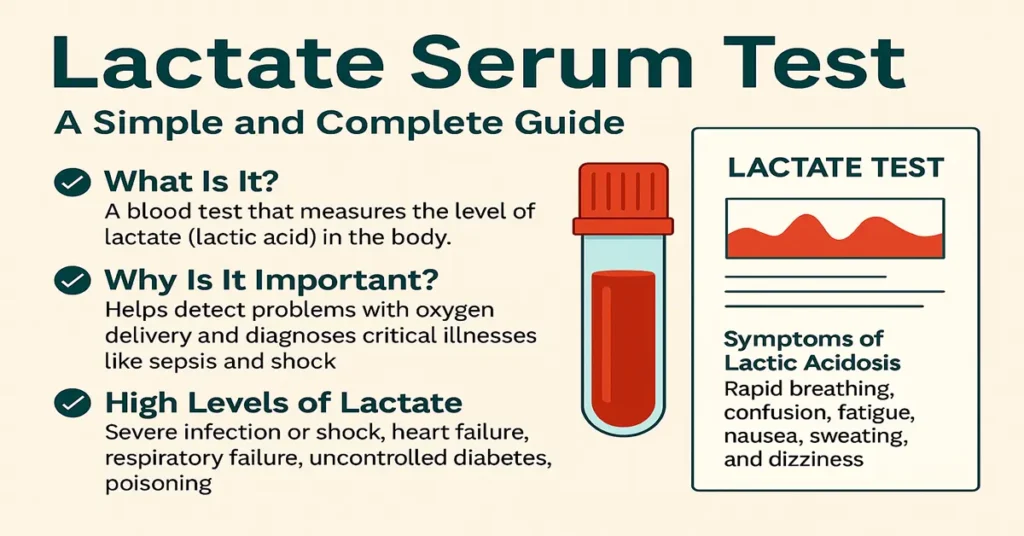 Infographic showing the Lactate Serum Test with four points explaining lactic acid measurement, importance in sepsis and shock, causes of high lactate, and symptoms of lactic acidosis, with a blood sample illustration.