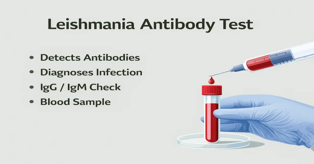 Simple infographic showing the Leishmania Antibody Test with four short points: detects antibodies, diagnoses infection, IgG/IgM check, and blood sample.