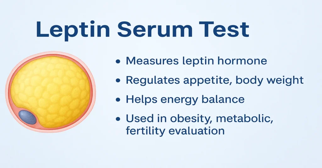 Leptin Serum Test infographic showing a fat cell icon and key points about appetite, body weight, energy balance, and obesity evaluation.