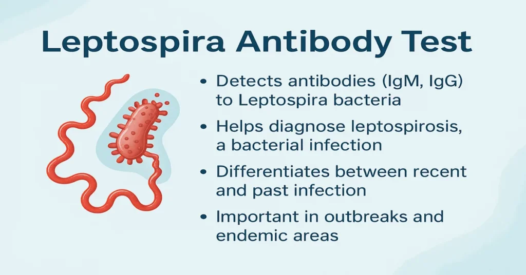 Leptospira Antibody Test infographic showing Leptospira bacteria illustration and key points about detecting IgM and IgG antibodies.