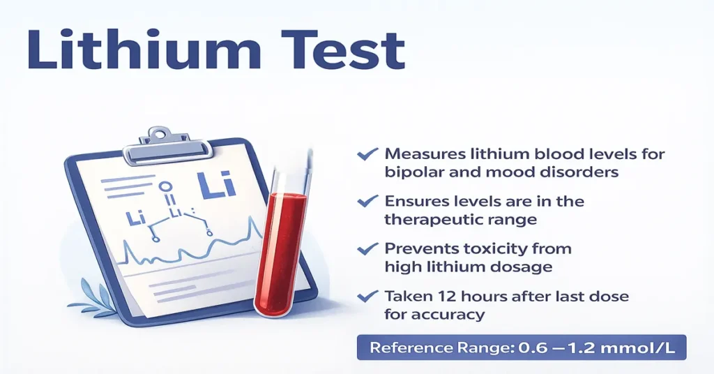 Lithium Test infographic with blood sample illustration and key points about monitoring lithium levels and preventing toxicity.
