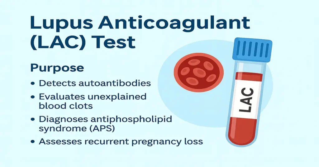 Lupus Anticoagulant test infographic with blue citrate tube and key purpose points.